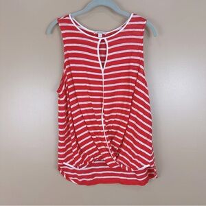 Ella Moss Coral Red Stripe Linen Scoop Neck Keyhole Tank Top Large Coastal Beach